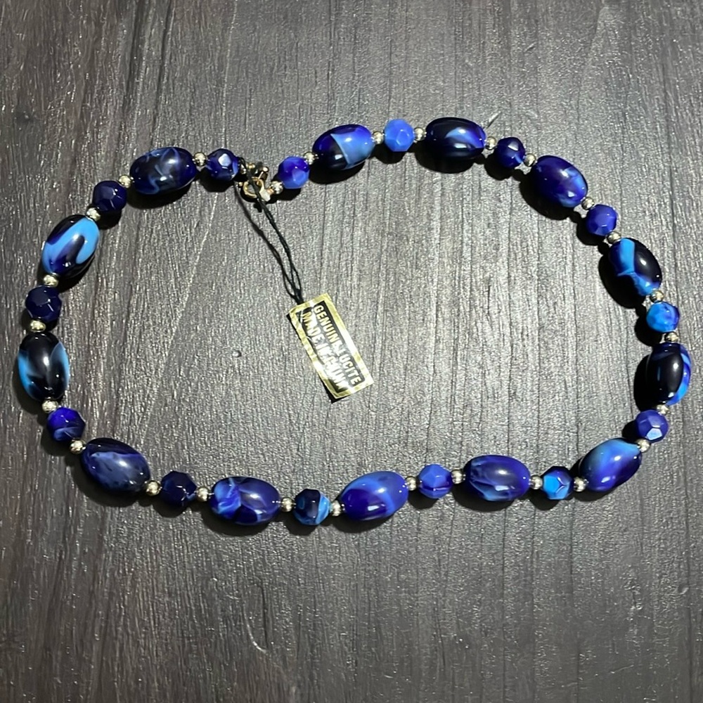 Nwt Vintage lucite Ahbra Collection beaded necklace~ blue, gold/ New old stk